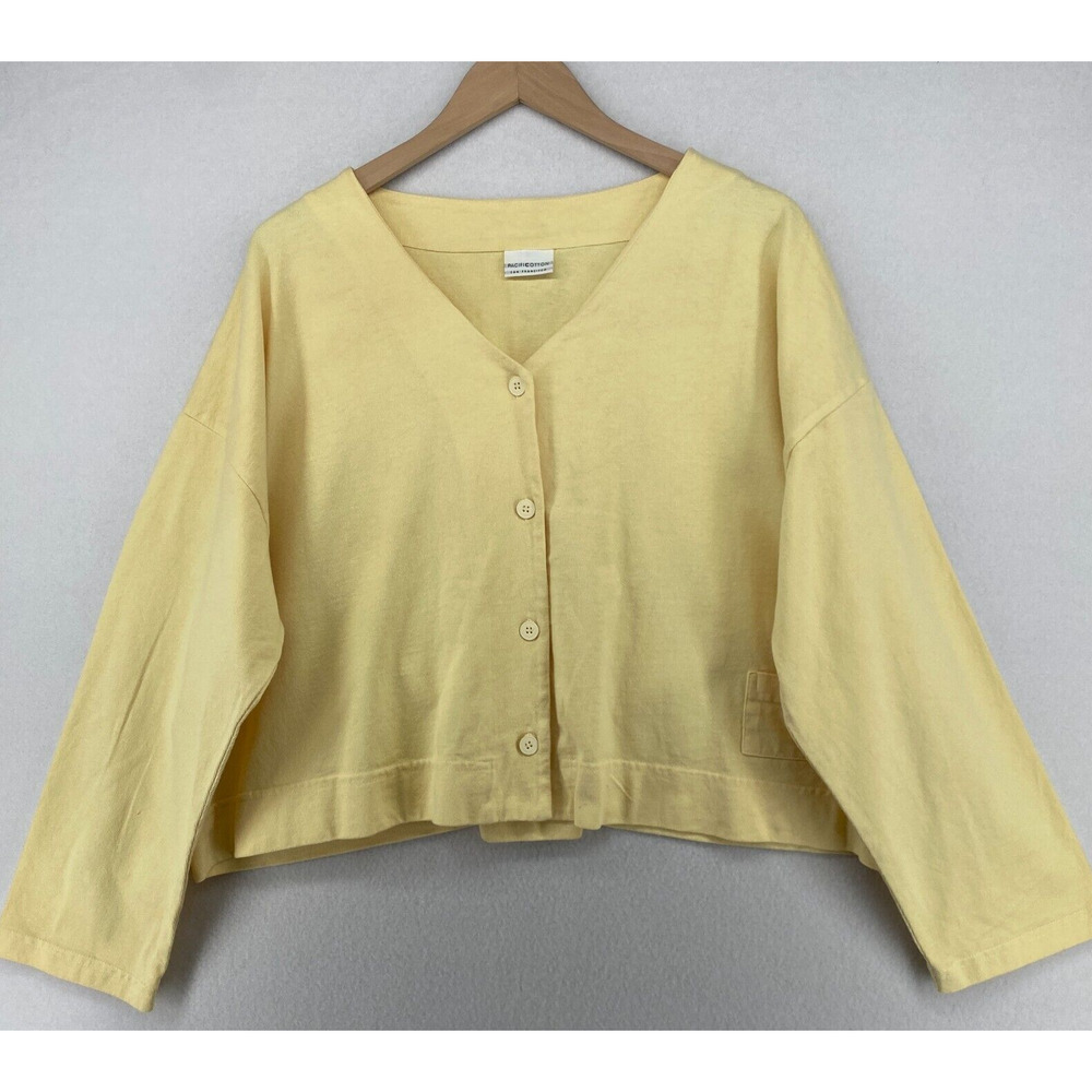 PACIFIC COTTON Cardigan Women L Heavy Jersey Boxy Button Yellow USA Vintage 80s